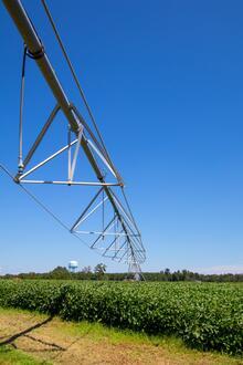 Farm irrigation equipment suspended over a field of crops.