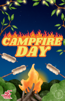 Campfire Day graphic featuring cartoon marshmallows being roasted over a campfire.