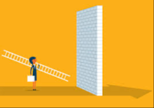 A cartoon woman approaches a brick wall with a ladder.