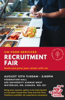 A recruitment poster for UW Food Services' Recruitment Fair showing a person making a sandwich.