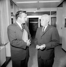 Education Minister Bill Davis and Waterloo President Gerry Hagey in 1963.