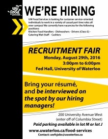 &quot;We're hiring!&quot; says the Food Services recruitment fair poster.