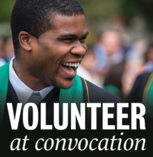 A man in convocation regalia laughs with the words &quot;volunteer at convocation&quot; underneath.