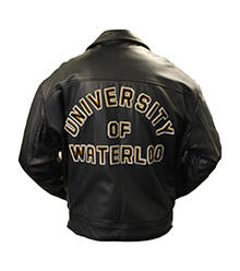 The back side of an official Waterloo leather jacket.