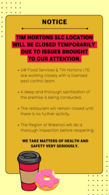 A social media notice about the Tim Hortons closure featuring a donut and coffee.