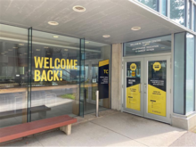 One of the Tatham Centre's entryways with welcome back messaging.