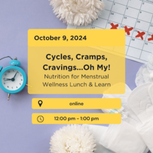 Cycles, Cramps and Cravings banner featuring a calendar.