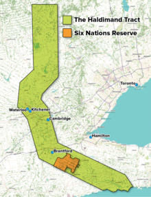 A map of Ontario showing the historical boundaries of the Haldimand Tract and the current Six Nations reserve.