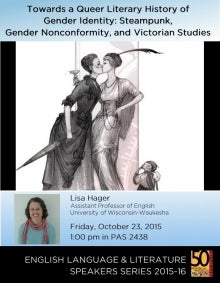 Poster for the Steampunk lecture showing two women (or one woman and a man dressed in woman's garb) kissing.