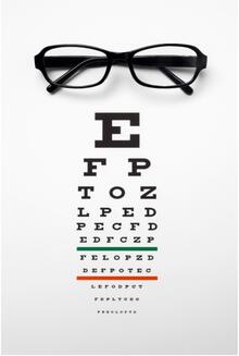 A standard eye examination chart with a folded pair of glasses at the top.