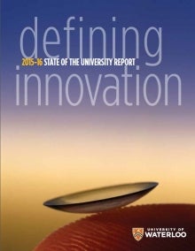 Defining Innovation State of the University Cover - a close-up of a contact lens on a fingertip.