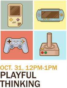 Playful Thinking panel discussion poster showing classic video game systems.