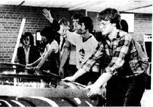 Students playing pinball in the Campus Centre in the early 1980s.