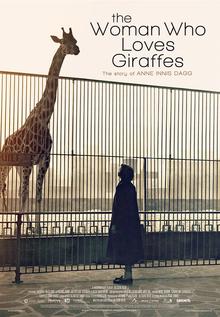 A poster for the film &quot;The Woman Who Loves Giraffes&quot; featuring a woman staring up at a caged giraffe.