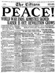 The November 11, 1918 issue of the Ottawa Citizen newspaper with the headline "PEACE."