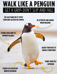 The &quot;Walk like a Penguin&quot; poster featuring a penguin with its wings out for balance.