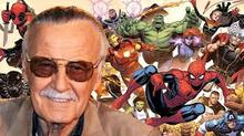 Marvel Comics' Stan Lee with a collage of superheroes.