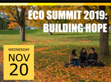 Eco Summit 2019 banner featuring students sitting amid autumn leaves.