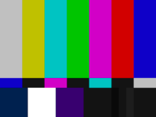 A television test card with colour bars.