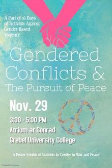 Gendered Conflicts and the Pursuit of Peace poster showing two people holding hands.