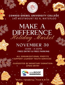 Make a Difference Holiday Market banner featuring cookies, Christmas tree branches, and candy canes.