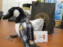 A plush goose, one of the silent auction items.