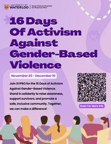 16 Days of Activism poster featuring flat-style illustrations of a group of women linking arms.