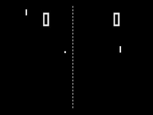 The playing field of a Pong video game in black and white.