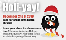 Library Holi-yay image featuring a cartoon penguin with a candy cane.