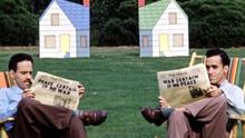Jean-Paul Ladouceur and Grant Munro sit on lawn chairs reading newspapers in Norman McLaren's short film "Neighbours".