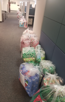 Bags of Christmas gifts donated by Waterloo employees for needy children.