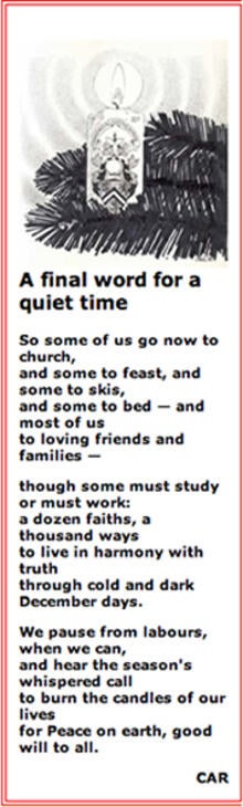 "A Final Word for a Quiet Time" poem by Chris Redmond featuring an illustration of a University of Waterloo candle.