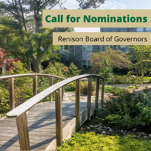 Call for nominations for Renison's Board of Governers against a backdrop of the bridge to University Colleges from main campus.