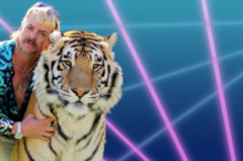 Joe Exotic and a tiger in front of an 80s-style "laser" background.