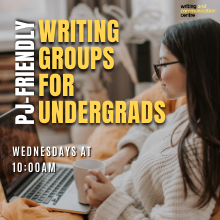 PJ-Friendly Writing Groups for Undergrads image - a woman sits with a laptop.