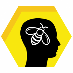 Brain Bee logo - a hexagon with a bee superimposed on a person's head.