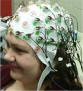 A woman wears an EEG cap to monitor brain activity.