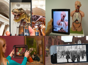 A collage of extended or augmented reality scenes using tablets and phones.