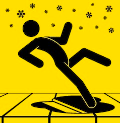 A safety graphic of a stick figure slipping on a patch of ice on a sidewalk while snowflakes fall.