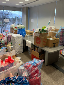 Gifts piled up in the Tatham Centre for the University Winter Holiday Project.
