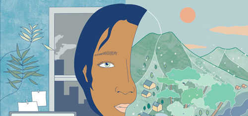 An animated GIF of a woman's face with environmental images in the background.