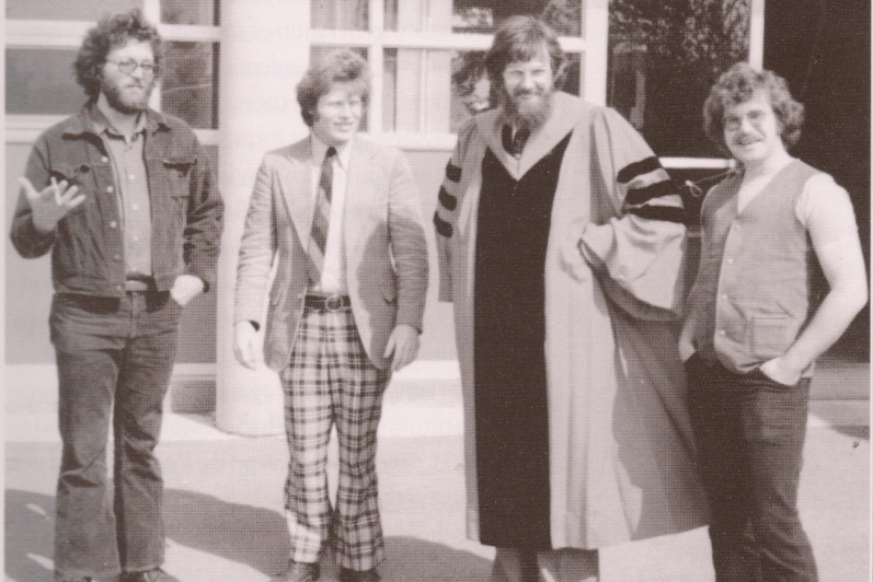 Bob Lauhue, Michael Bird, Darrol Bryant, and Michael Smyth at convocation in 1976.