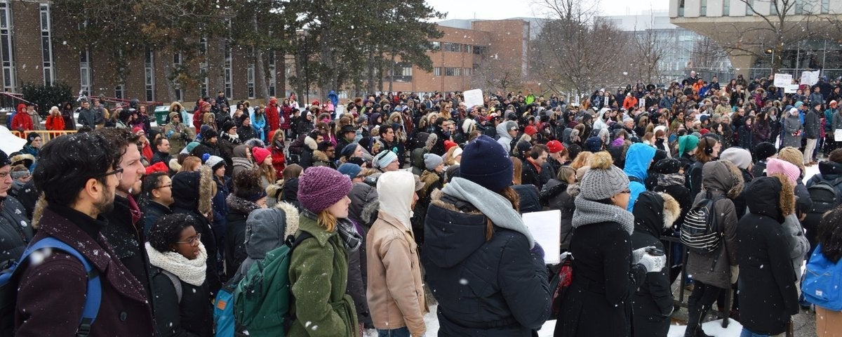 Students gather in the Arts quad for winter orientation.