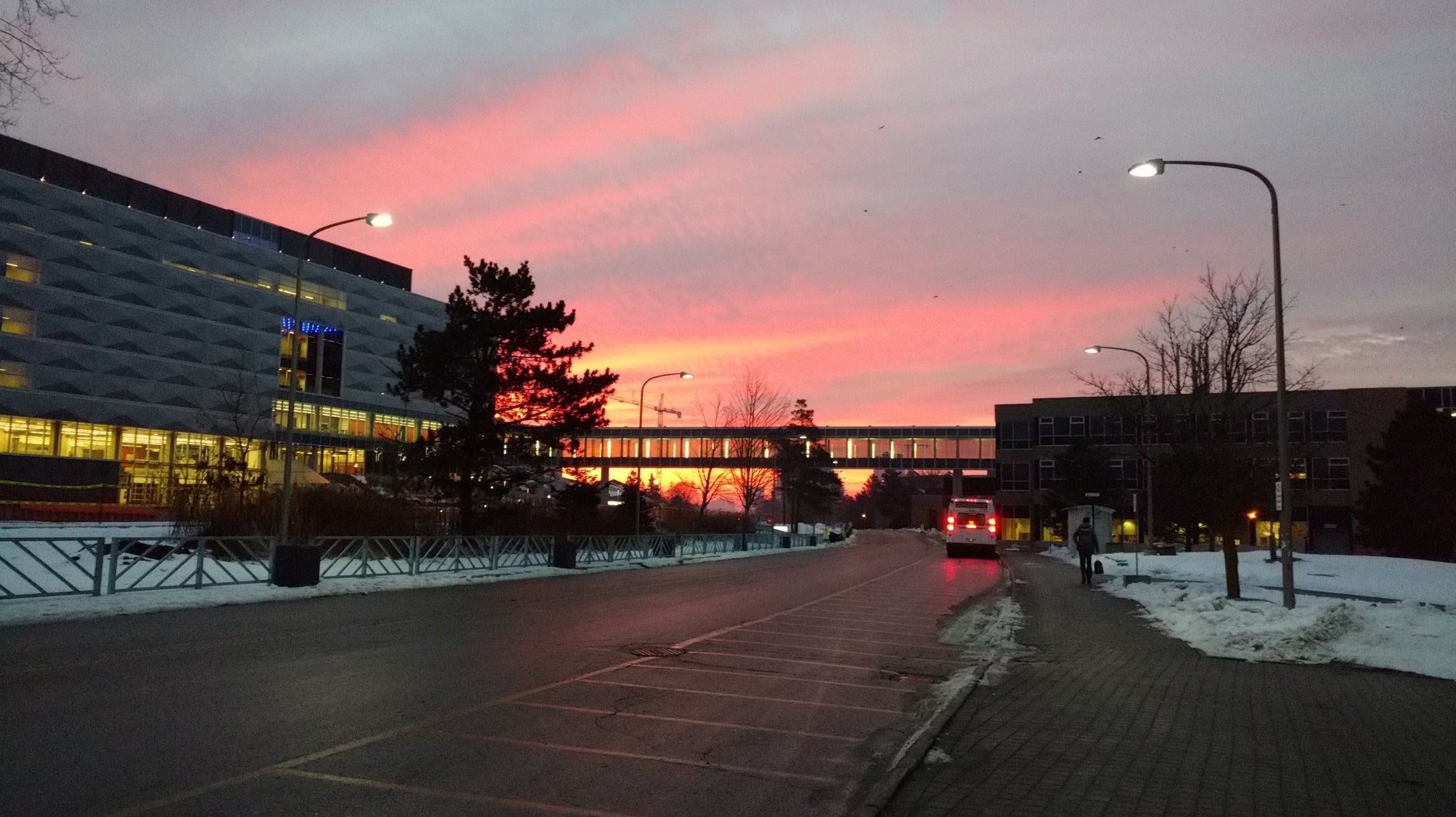 Sunrise over the Engineering 5 walkway.