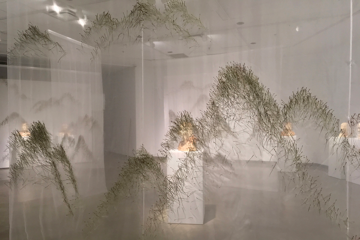 An art installation in a gallery that looks like grass growing all over the gallery.