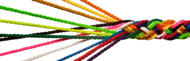 A multicoloured rope made up of several strands.