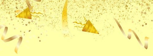 A celebratory banner featuring party hats and ribbons.