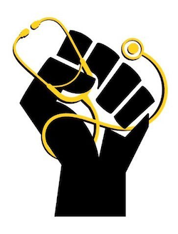 a raised black fist with a gold stethoscope.