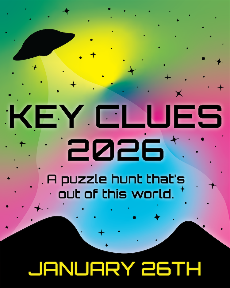Key Clues 2026 banner featuring a UFO flying over a volcano.