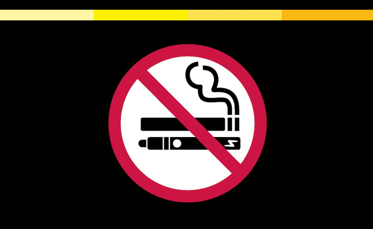 An anti-smoking and anti-vaping logo (red circle with a line through it).